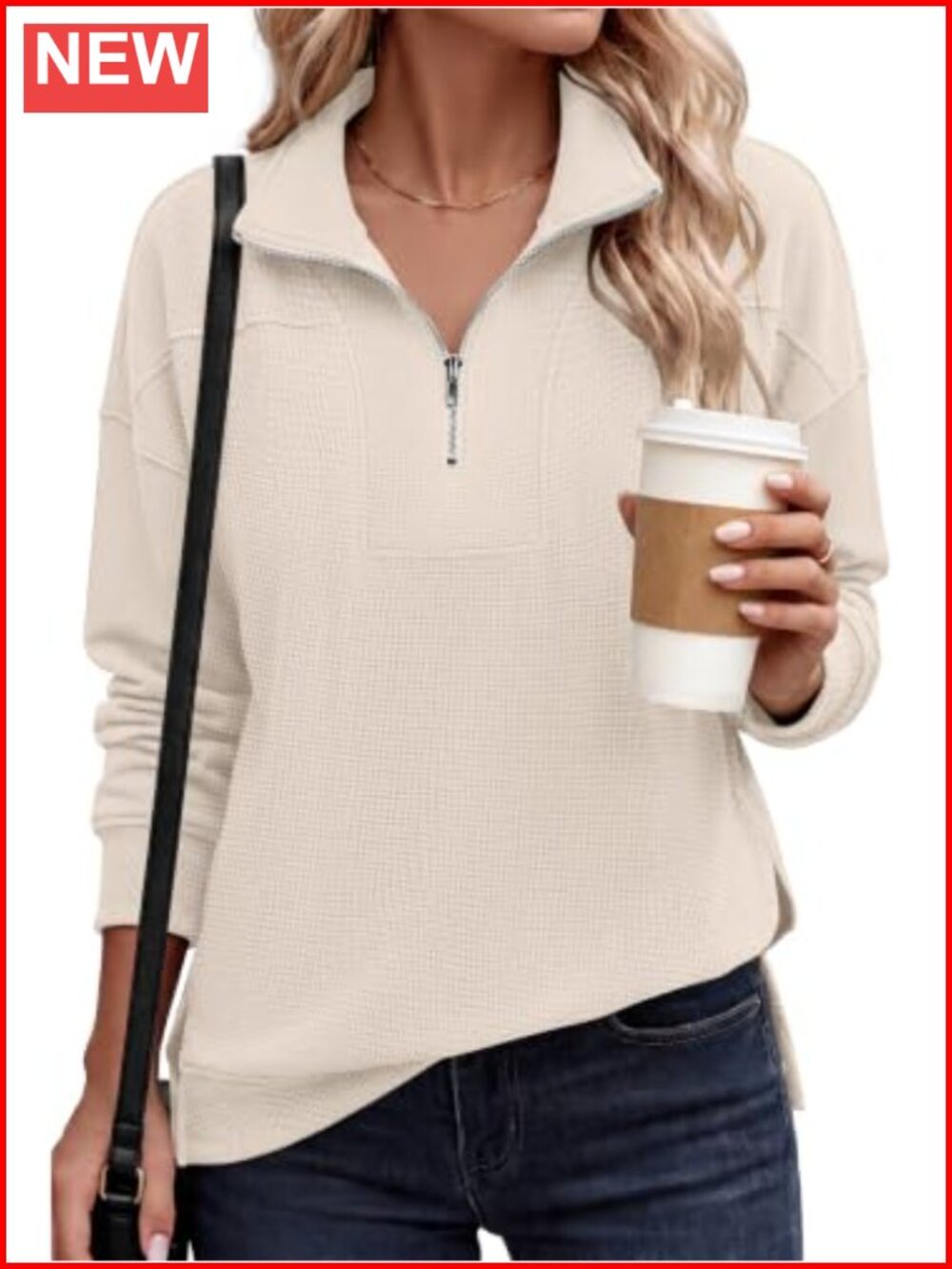 Waffle Knit Quarter Zip Sweatshirt Loose Fit Long Sleeve Casual
